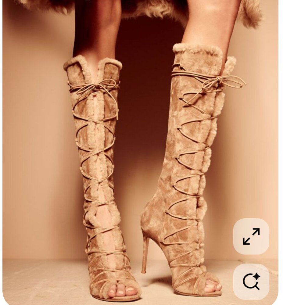 Gianvito Rossi Open-Toe Shearling Lace-Up Heel Boots, Bisque Beige, EU 39